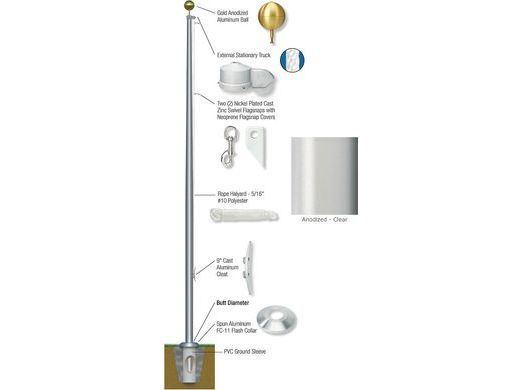 15'-25' External Stationary Flagpole - Aluminum
